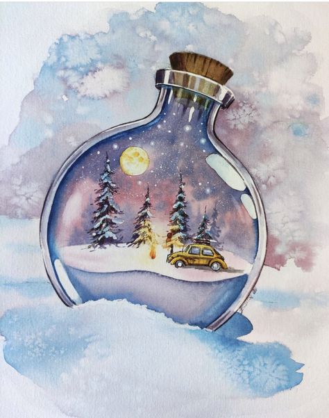 Akvarel Illustration, Illustration Kunst, Watercolor Art Lessons, Amazing Art Painting, Art Brushes, Art Inspiration Painting, Art Drawings Sketches Simple, Snow Globe, Diy Canvas Art