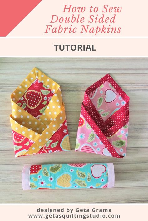 How to sew double sided fabric napkins with mitered corners- tutorial - Geta's Quilting Studio Quilted Napkins, Placemats Ideas Diy, Cloth Napkins Diy, Pinwheel Quilt Pattern, Double Sided Fabric, Sewing Christmas Gifts, Sewing Christmas, Scrap Projects, Creative Napkins