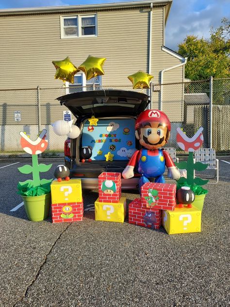 Trunk Or Treat Ideas For Classroom, Halloween Trunks Ideas, School Halloween Trunk Or Treat, Trunk Or Treat Ideas For Cars Super Mario, Car Decoration For Halloween, Trunk Or Treat Mario Ideas For Cars, Mario World Trunk Or Treat, Super Mario Trick Or Trunk, Video Game Trunk Or Treat Ideas