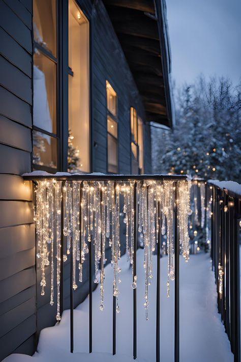 Illuminate Your Balcony with Delicate Crystal Icicle Lights for a Chic Touch White Icicle Lights On House, Icecycle Lights On House, Christmas Light Fence Ideas, Classy Outdoor Christmas Lights, Balcony Christmas Lights, Frosty Aesthetic, Christmas Lights Decor, Christmas Lights Ideas, Icicle Lights Outdoor