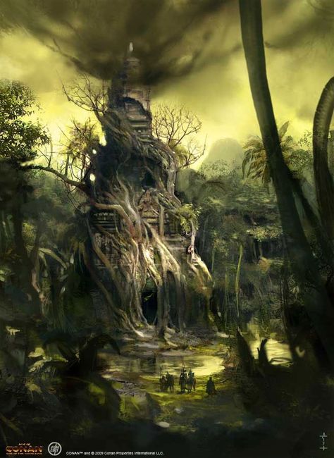 Pond of Fear Concept Art - MMORPG.com Age of Conan: Unchained Galleries Fairy Tree Houses, Hollow Tree, Pixie Hollow, Magic Treehouse, Fairy Tree, 다크 판타지, House Illustration, Fantasy City, Fantasy Setting