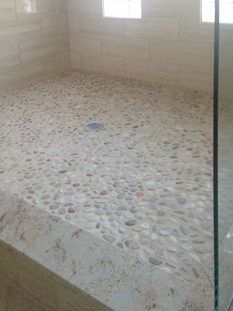 Pebble Tile Showers - Pebble Tile Shop Mosaic Shower Floor Tile, Glass Subway Tile Bathroom, Pebble Tile Shower Floor, Mosaic Shower Floor, Stone Shower Floor, Stone Floor Bathroom, Shower Floor Tile Ideas, Pebble Tile Shower, Pebble Shower Floor