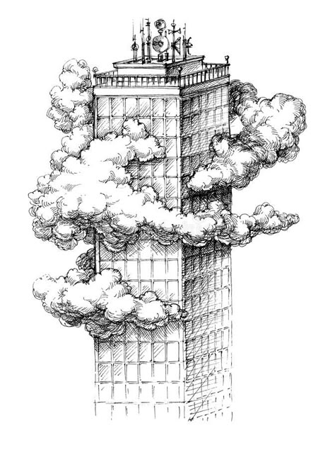 Skyscraper Sketch, Pencil Drawings For Beginners, City Drawing, Retro Cartoon, Free Illustration, In The Clouds, Free Illustrations, The Clouds, Pencil Art