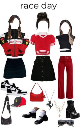 Ferrari Tshirt Outfit, What To Wear To A Race Car Track, Car Rally Outfit Ideas, F1 Clothes Outfit, F1 Outfit Aesthetic, Race Car Outfit Aesthetic, Race Car Aesthetic Outfits, Race Day Outfits F1, F1 Outfit For Women Summer