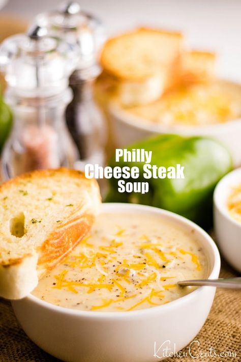 Creamy Savory Recipes, Cheese Steak Soup Recipe, Cheesesteak Potato Soup, Steak And Cheese Soup, Steak Ale Soup, Philly Cheese Soup, Philly Cheesesteak Soup Crockpot, Philly Cheese Recipes, Creamy Steak Soup