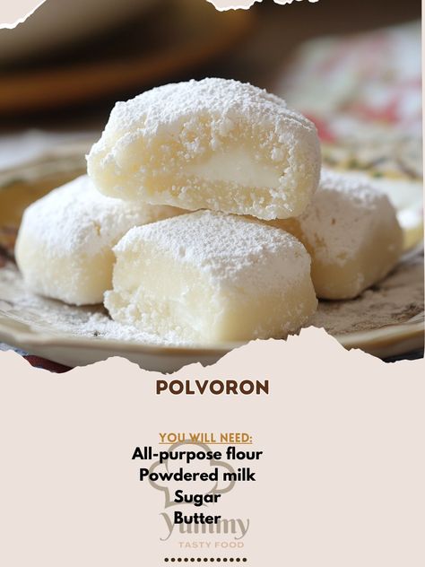 🍪 Sweeten your day with Polvoron—delicate Filipino shortbread cookies that melt in your mouth. Perfectly delightful! 😍🍯 #Polvoron #FilipinoSweets Polvoron Ingredients: All-purpose flour (1 cup) Powdered milk (1 cup) Sugar (1/2 cup) Butter (1/2 cup, melted) Pinch of salt Instructions: Toast flour in a pan until lightly browned. Cool. Mix flour, powdered milk, sugar, and salt in a bowl. Add melted butter and mix well. Press mixture into molds and chill until firm. 🍪💫 Polvoron is a sweet, bu... Polvoron Recipe, Polvorones Recipe, Melt In Your Mouth, Shortbread Cookies, Pinch Of Salt, Powdered Milk, A Bowl, Melted Butter, Purpose Flour