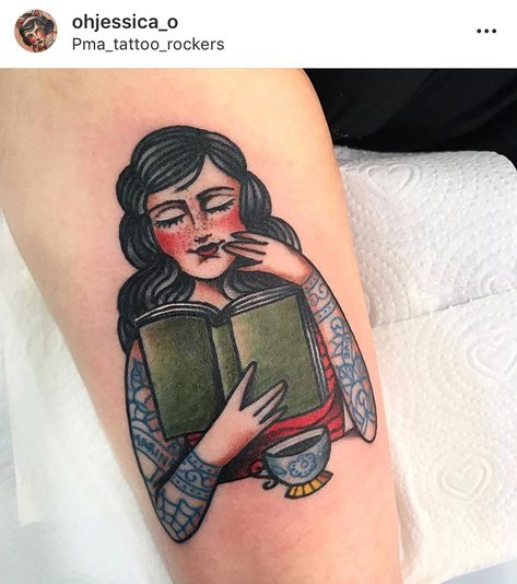 Bookworm Tattoo, Jessica O, Reading Tattoo, Bookish Tattoos, Punk Tattoo, American Traditional Tattoo Ideas, Traditional Tattoo Ideas, Traditional Books, American Tattoos