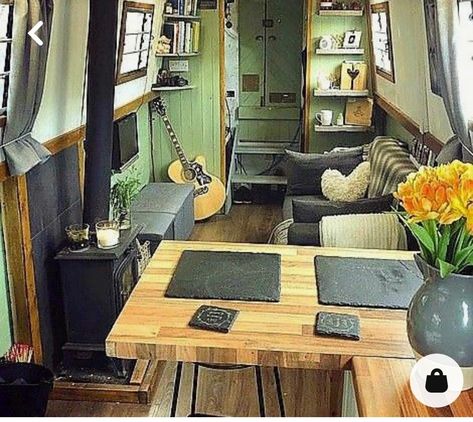 Narrow Boat Interior Ideas, House Boat Living, Caboose Train, Barge Interior, Canal Boat Interior, Shanty Boat, Narrowboat Interiors, Canal Barge, Boat Interior Design