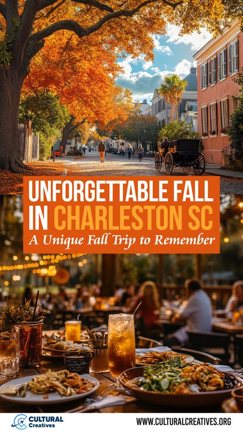 An autumn scene in Charleston SC featuring vibrant orange trees lining a historic cobblestone street, with a horse-drawn carriage and outdoor dining, capturing the essence of an unforgettable fall trip to remember. Charleston Sc In The Fall, Savannah Georgia In Fall, Charleston In October, Charleston Sc In October, Charleston Girls Trip, Charleston In The Fall, South Carolina Fall, Charleston Itinerary, North Carolina Cabins