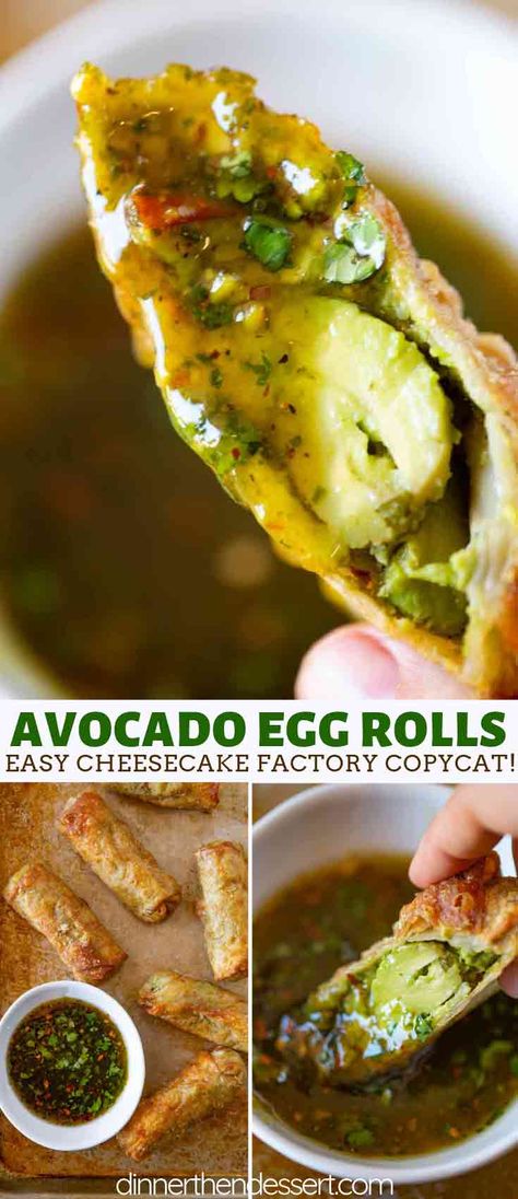 Avacado Egg Rolls, Copycat Appetizers, Cheesecake Factory Avocado Egg Rolls, Cilantro Dipping Sauce, Avocado Ideas, Cheesecake Factory Copycat, Avocado Egg Rolls, Avocado Roll, Cheesecake Factory Recipes