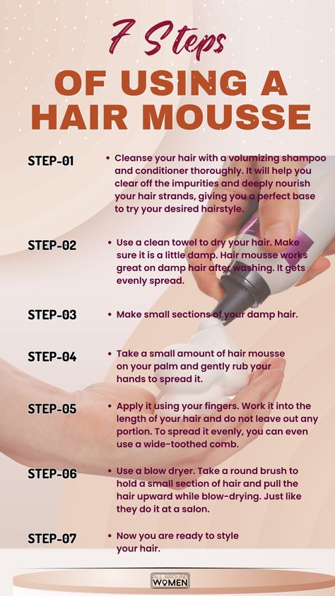 7 Steps Of Using A Hair Mousse Mousse Hair How To Use, Hair Mousse How To Use, Protective Braids, Hair Salon Tools, Hair Washing, Hair Frizz, Volumizing Shampoo, Hair Mousse, Sleek Hairstyles