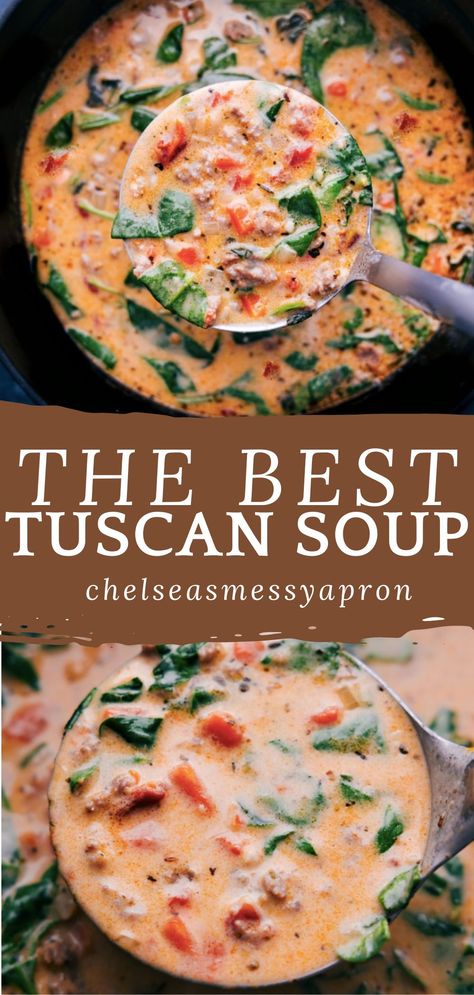 Tomato Soup With Sausage, Sausage Cream Soup, Stanley Tucci Creamy Parmesan Tuscano Soup, Crockpot Tuscan Chicken Soup, Sausage Gnocchi Soup Recipes, Italian Sausage And Bean Soup, Sausage Tuscan Soup, Soups For A Cold Day, Rustic Italian Soup