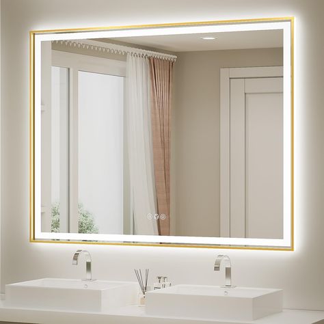 PRICES MAY VARY. 🎁【3 Color Frontlit & Backlit】The LED mirror features two light strips that provide both ultra-bright front light and back light.Brightness and color temperature can be stepless adjusted,3000K-6000K Warm/Natural/White.And memorize the brightness setting last time automatically. 🎁【Safe & Fast Defogging】Our bathroom mirrors can quickly remove the water vapor on the mirror surface and maintain a clear and transparent state. Anti-fog feature will auto off after one hour,which is sa Gold Vanity Mirror With Lights, Light Up Bathroom Mirror, Light Up Vanity, Gold Vanity Mirror, Vanity Mirror With Lights, Water Vapor, Led Bathroom Mirror, Large Vanity, Lighted Vanity Mirror