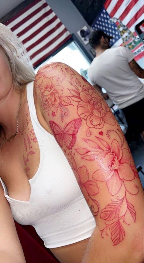 Both Arms Tattoo Woman, Red Arm Sleeve Tattoos For Women, All Red Sleeve Tattoo, Red Arm Sleeve Tattoo, Unique Red Tattoos, Red Tattoo Sleeve For Women, Red Ink Thigh Tattoos Women, Red Tatoos Woman, Tattoo Sleeve Ideas Women