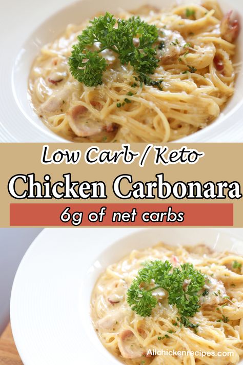 This low carb keto chicken carbonara is made with a thick creamy flavorful sauce, and juicy chicken, served with crispy bacon bits on top of palmini noodles. Low Carb Creamy Chicken Recipes, Carbonara Chicken, Chicken And Bacon Carbonara, Palmini Noodles, Creamy Chicken Carbonara, Chicken And Shrimp Carbonara, Tender Recipes, Creamy Carbonara, Chicken Carbonara Recipe