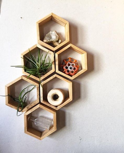 6 piece set of hexagonal shelves Hex Shelf, Honeycomb Shelves Decor, Hexagonal Shelves, Cut Furniture, Honeycomb Shelf, Shelf Decor Ideas, Cheap Room Decor, Honeycomb Shelves, Shelves Ideas