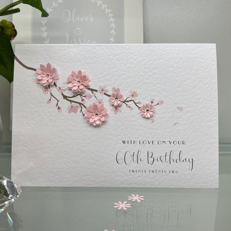 This beautiful handmade card is A5 and printed on 300gsm hammered card. It is designed and decorated by myself or one of a small team of helpers, in a little workshop, in the busy market town of Hessle, located in the East Riding of Yorkshire. Thank you for taking the time to look  Bev Cherry Blossom Card, Flowers Cherry Blossom, Busy Market, 60th Birthday Card, Sixtieth Birthday, Eighteenth Birthday, 30th Birthday Cards, 18th Birthday Cards, 60th Birthday Cards