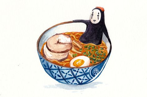 No Face In Ramen Bath Watercolor Painting By Penelope Studio Ghibli Watercolor, Ghibli Watercolor, Art Studio Ghibli, Send Noods, Personajes Studio Ghibli, Studio Ghibli Characters, Kitchen Art Prints, Studio Ghibli Movies, Bath Water