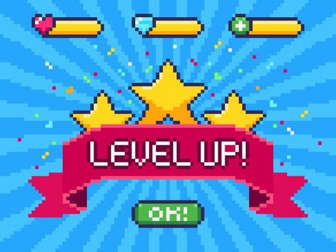 Level up screen. pixel video game achiev... | Premium Vector #Freepik #vector #ribbon #star #mobile #game Game Achievement, Pixel Video Game, Pixel Video, Arcade Game Machines, Yearbook Themes, Gameboy Color, Pixel Art Games, Pixel Games, 8 Bits