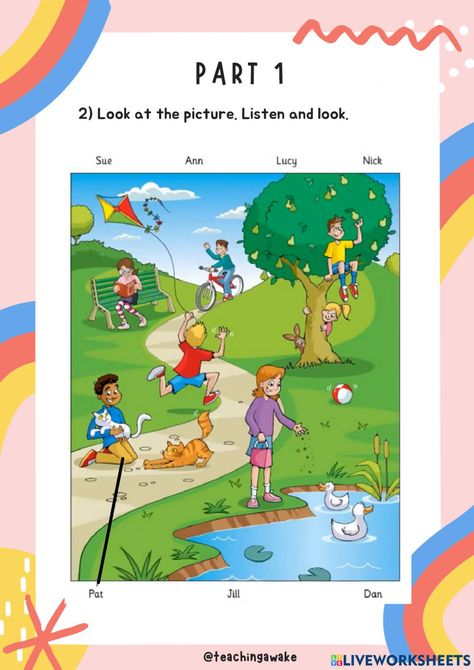 Starters Listening Practice Part 1 worksheet Listening Practice Activities, English Listening Practice, Picture Description Worksheets Grade 1, Comprehension For Grade 1, Cambridge Starters, Describing Pictures, Live Worksheet, Picture Story Writing, Sentences Kindergarten