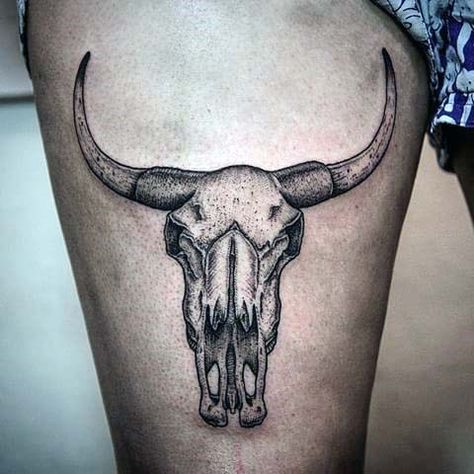 Dotwork Bull Skull Thigh Tattoo For Males Skull Tattoo Sleeve, Bull Skull Tattoo, Bird Skull Tattoo, Cow Skull Tattoos, Deer Skull Tattoos, Bull Skull Tattoos, Cow Tattoo, Bull Tattoos, Taurus Tattoos