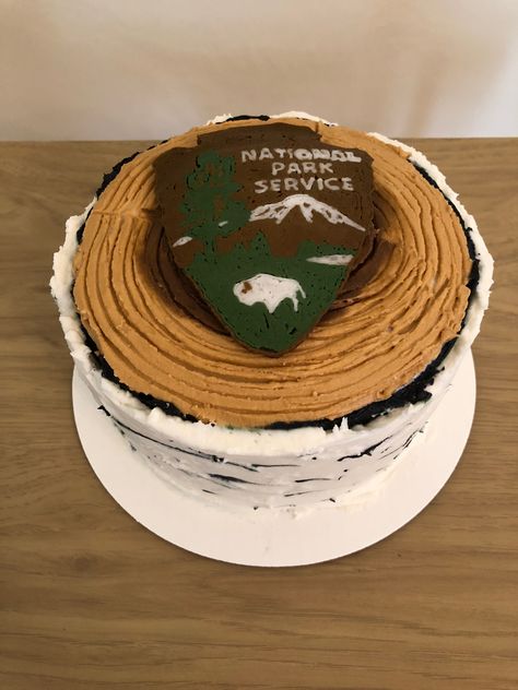 National Park Service logo birch bark tree stump cake National Park Cake, National Park Birthday Party, National Park Birthday, Fair Cake, Stump Cake, Wedding Dessert Table Decor, Tree Stump Cake, Birthday Party At Park, Forest Ranger