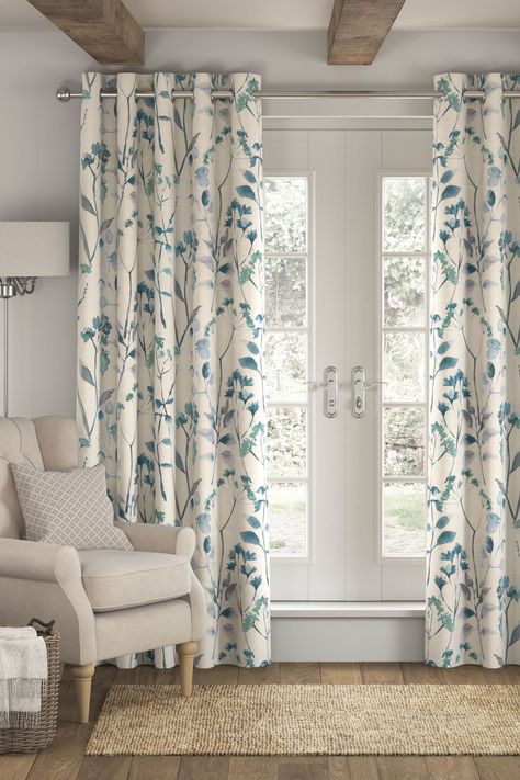 Blue Floral Curtains, Blue Curtains Living Room, Curtains Living Room Modern, Eyelet Curtains, Green Curtains, Blue Curtains, Inspire Me Home Decor, Blossom Print, Curtains Living