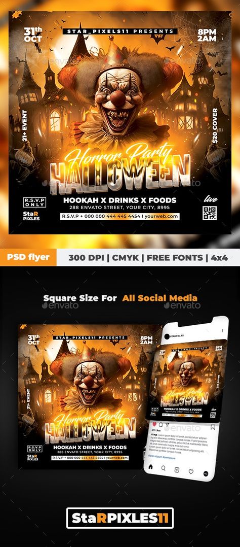 Halloween Party Flyer by Star_Pixels11 | GraphicRiver Halloween Flyer Design, Halloween Party Flyer, Horror Party, Halloween Flyer, Club Flyers, Event Promotion, Night Party, Event Marketing, Custom Party