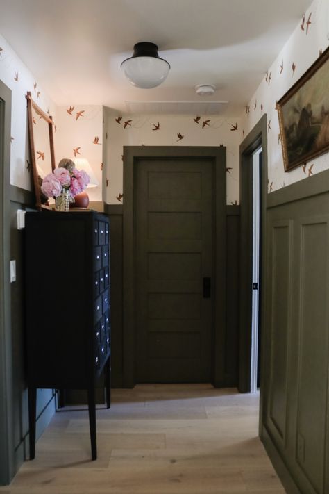 Entry- Adding Character with Wood Trim and Wallpaper - Nesting With Grace Trim And Wallpaper, Main Floor Laundry, Laundry Nook, Nesting With Grace, Hallway Wallpaper, Geometric Rugs, Wood Armoire, Upstairs Hallway, Green Paint Colors