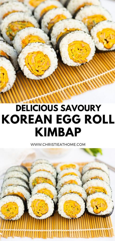 Korean Egg Roll Kimbap. A delicious savoury egg omelette with ham, garlic chives and carrots wrapped in sesame flavoured rice and seaweed. Perfect for breakfast, lunch, dinner or as a snack. Convenient if you already have cooked rice! #recipe #aesthetic #recipekorean #koreansushi #howtomake Asian Egg Recipe, Rice And Seaweed, Kimbap Recipe, Flavoured Rice, Korean Food Side Dishes, Korean Breakfast, Korean Egg, Best Egg Recipes, Asian Breakfast