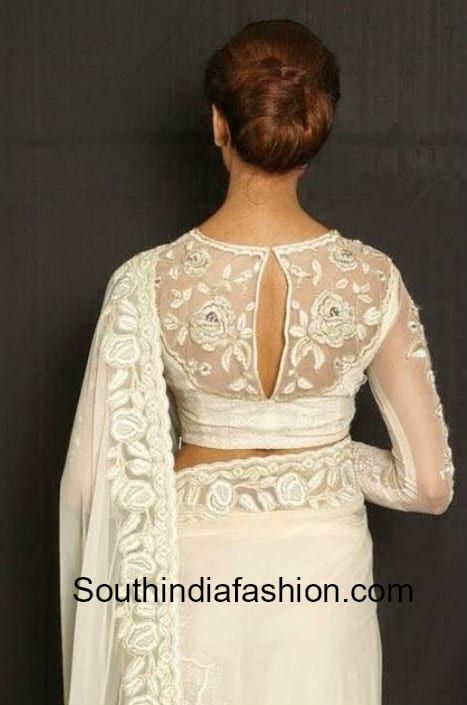 Wedding Sarees Christian, Saree Blouse Back Neck Designs, Saree Blouse Back, Net Saree Blouse Designs, Lace Blouse Design, Netted Blouse Designs, Blouse Back Neck, Eastern Fashion, Backless Blouse Designs