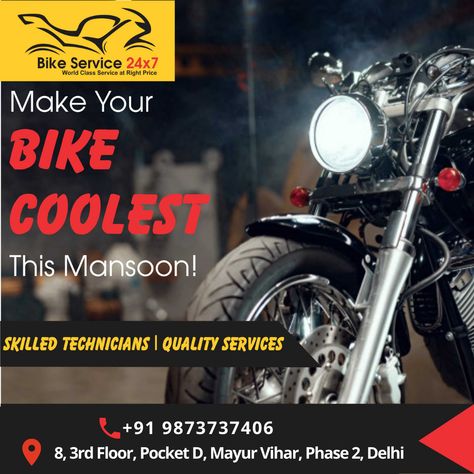 Make Your Bike Coolest this Mansoon! Skilled Technicians | Quality Services Phone: +91 9873737406 Address: 8, 3rd Floor, Pocket D, Mayur Vihar, Phase II, Delhi . #bikeservice #bike #bikelife #bikes #bikerepair #bikemechanic #bikeshop #roadbike Bike Service Poster, Bike Service, Service Poster, Bike Poster, Bike Mechanics, Bike Repair, Phase 2, Bike Shop, Bike Life