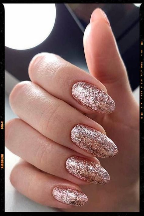 Almond Nails Rose Gold Glitter Nails Short, Ombre Glitter Nails Acrylic, Rose Gold Glitter Nails, Bright Blue Nails, Rose Gold Nails Glitter, Pretty Short Nails, Glitter Tip Nails, Glitter Tips, Silver Glitter Nails