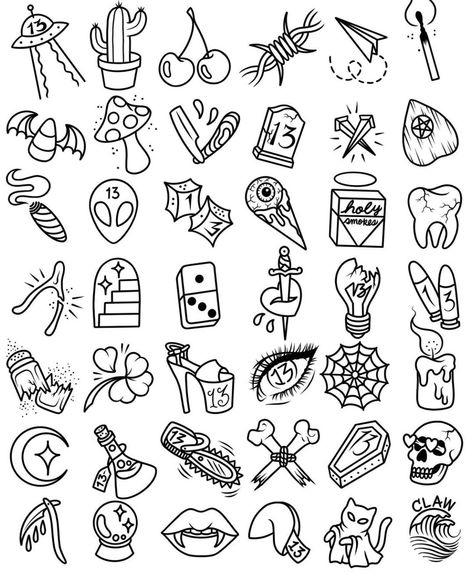 Mini Tattoo Doodles, Tattoo Stencils Flash Sheet, Friday 13th Tattoo Flash Sheet, Tattoo Flash For Beginners, Small Simple Flash Tattoo, Pretty Flash Tattoos, Small Flash Tattoo Ideas Simple, Friday 13th Flash Sheet, Friday 13 Tattoo Ideas Flash