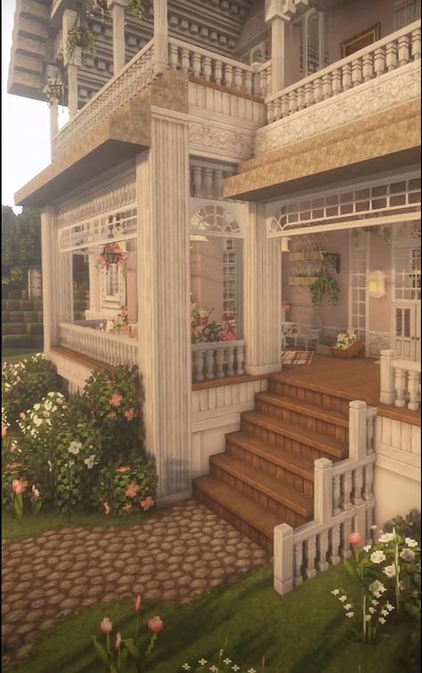 Mc House Inspiration, House Exterior Minecraft, Aesthetic Vanilla Minecraft House, Mincraft Idea Houses Coquette, Rich House Minecraft, Cottage Core Room Bloxburg, Cute Minecraft House Ideas, Aesthetic Mc House, Cute Mc Houses