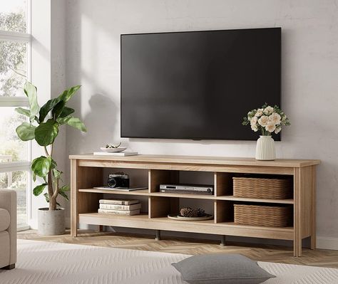 Wood TV Console Media Table with 6 Cubby Storage for Living Room Bedroom, 70'' White Oak.The 70 inch TV Cabinet is perfect for 75'' TV, of course, it is also suitable for 50'' 55”60'' 65'' 70''flat screens. Oak Entertainment Center, 75 Inch Tv, Tv Entertainment Center, Wood Entertainment Center, Farmhouse Tv, Tv Entertainment Centers, Wood Tv Console, Simple Living Room Decor, Tv Stand Decor