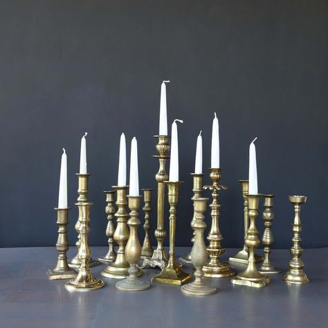 Modern Victorian Design, Brass Candle Holders Vintage, Candlestick Collection, Theater Wedding, Black Taper Candles, Antique Stuff, Antique Candle Sticks, January Wedding, Gold Candle Sticks