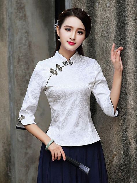 Chinese Collar Dress, Cheongsam Modern, Chinese Style Dress, Tang Suit, Suit Design, Satin Blouses, Floral Print Shirt, Chinese Dress, Suit Designs