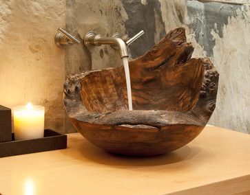 Wooden Sink eclectic bathroom                                                                                                                                                                                 More Wood Sink, Eclectic Bathroom, Wooden Bathroom, Rustic Bathrooms, Sink Design, Bowl Sink, Bad Design, Bathroom Basin, Hus Inspiration