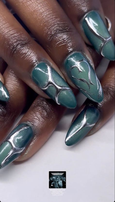 gel-x nail inspo, futuristic nails Futuristic Nails, Creative Nail Ideas, Concert Nails, 3d Nail Designs, Dark Green Nails, Bridal Nail Art, Nail Techniques, Nail Art For Beginners, Nail Art Techniques