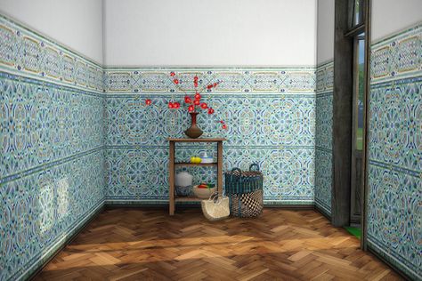 I converted my Rufio wood floor for TS4 and made these walls, because I needed more ornate wall tiles. Sims 4 Wall Tiles, Cc Wallpaper, Moroccan Wallpaper, Sims 4 Blog, Alpha Cc, Blog Wallpaper, My Sims, Sims 4 Gameplay, 4 Wallpaper