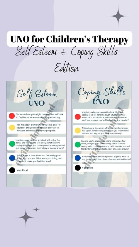 Uno Coping Skills Game, Fun Therapy Activities For Kids, Positive Affirmation Activities, Group Therapy Games, Therapy Activities For Teens, Therapeutic Games, Uno Game, Counseling Games, Counseling Kids