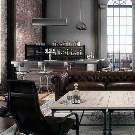 50 Awesome Man Caves For Men - Masculine Interior Design Ideas Industrial Restaurant Design, Vintage Industrial Bedroom, Industrial Vintage Decor, Industrial Man Cave, Masculine Interior Design, Industrial Loft Design, Masculine Interior, Industrial Wall Decor, Industrial Restaurant