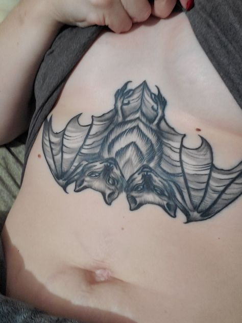 My conjoined twin bats reprosent me. I am a chimera twin and two sisters made me. Two Headed Bat Tattoo, Conjoined Twins Tattoo, Bat Chest Tattoo, Twins Tattoo, Bats Tattoo, Twin Tattoos, Conjoined Twins, Bat Tattoo, Two Sisters