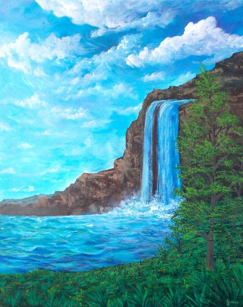 Sunset Waterfall Painting, Painting Ideas On Canvas Waterfall, Drawing Of Waterfall, On The Spot Painting Competition, Simple Waterfall Painting, Landscape Paintings Waterfall, Waterfall Acrylic Painting Easy, Stincel Art, Paintings Of Waterfalls