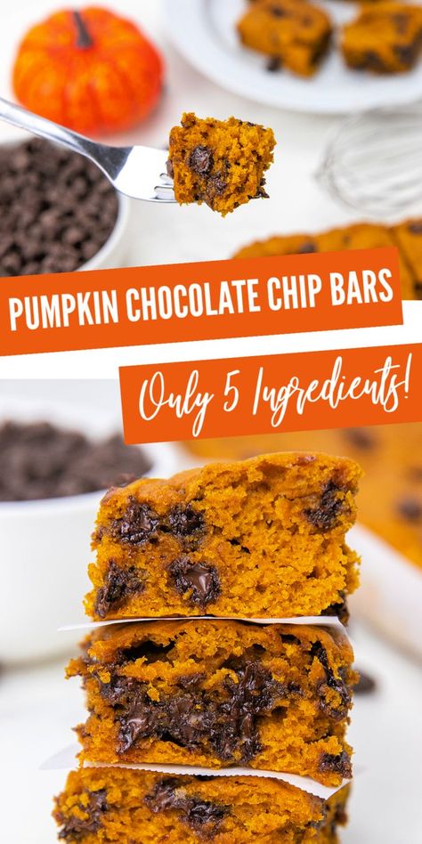 Pumpkin Chocolate Chip Cookie Bars an Easy 5 Ingredient Fall Dessert Pumpkin Cake Mix, Cake Mix Bars, Pumpkin Spice Frappuccino, Cake Mix Cookie Bars, Savory Pumpkin Recipes, Chocolate Chip Bars, Spiced Chocolate, Chocolate Chip Cake, Pumpkin Chocolate Chip