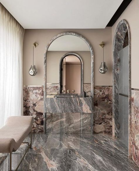 Marble Half Wall Bathroom, Moon Arch, Bathroom Cottage, Veined Marble, Marble Arch, Marble Bath, Basin Design, Lobby Design, Powder Rooms