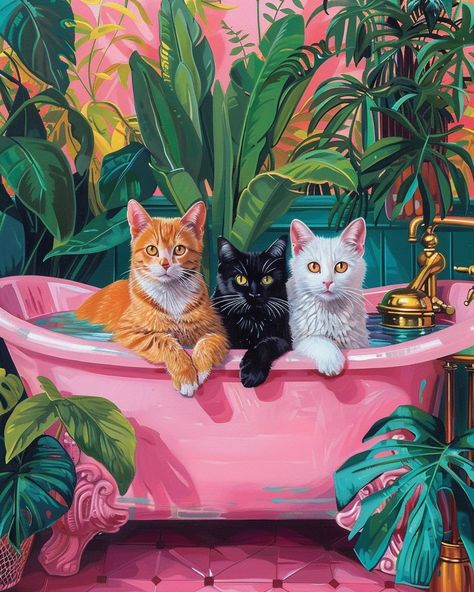 Image Cottagecore Bathroom, Cat Tuxedo, Pink Bathtub, Three Cats, Arte Inspo, Cat Posters, Bathroom Art, Cat Painting, Cat Illustration