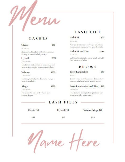 Lash Extension/brow Pricing Menu, Editable and Printable Digital - Etsy Lash Extensions Template, Lash Extensions Notes, Lash Service Menu Ideas, Lash Menu Ideas, Lash Extensions Price List, Lash Price List Ideas, Lash Policies, Lash Tech Price List, Lash Price List