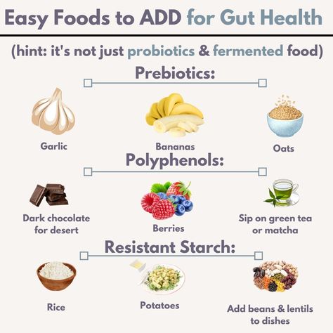 🌿 Easy Foods to ADD for Gut Health 🌿 (💡 hint: it's not just probiotics & fermented food!) Prebiotics: 🌱 Garlic - Enhances the growth of beneficial gut bacteria. 🍌 Bananas - A convenient snack that supports gut health. 🌾 Oats - A great addition to breakfast for a prebiotic boost. Polyphenols: 🍫 Dark Chocolate - Rich in antioxidants that promote gut health. 🍇 Berries - Blueberries, strawberries, and raspberries are all high in polyphenols. 🍵 Green Tea - Provides polyphenols that support a he... Best Breakfast For Gut Health, Polyphenol Rich Foods, Gut Bacteria Food, Gut Health Breakfast, Best Probiotic Foods, Good Gut Health, Strawberries And Raspberries, Healthy Gut Recipes, Resistant Starch